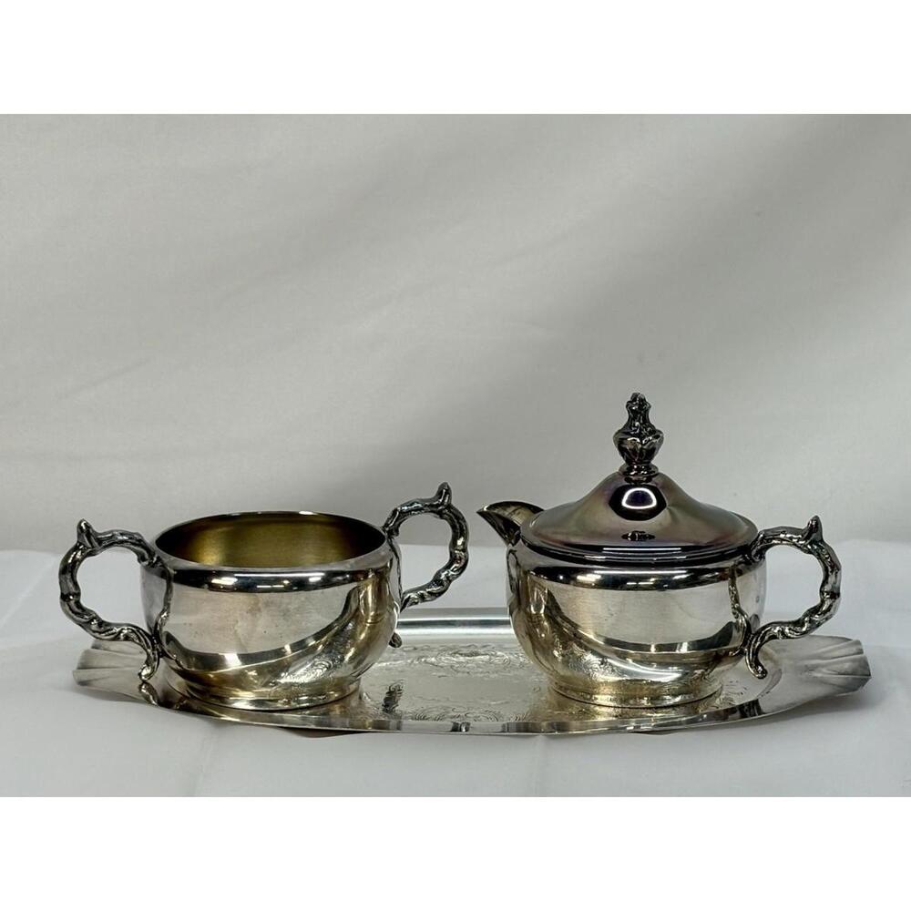 Vintage Viking sugar bowl and creamer with tray Silver Plate
